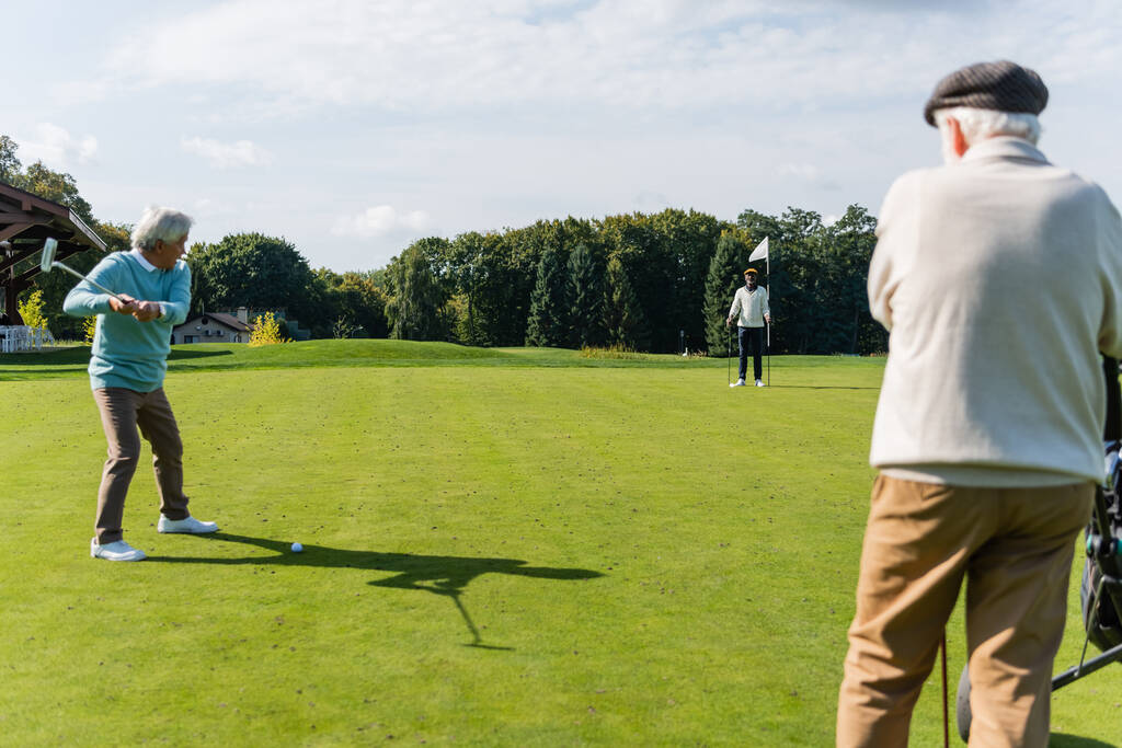 ανώτερος Ασιάτης που παίζει γκολφ με διαφυλετικούς φίλους  - Φωτογραφία, εικόνα