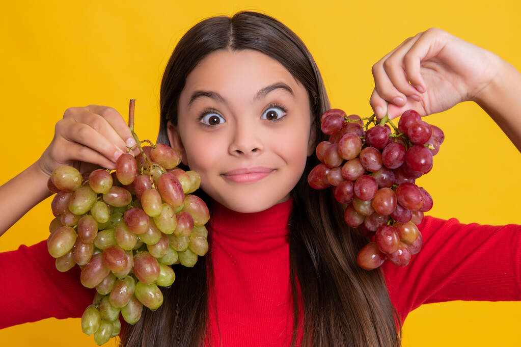 asombrado positivo adolescente chica hold ramo de uvas en amarillo fondo - Foto, Imagen