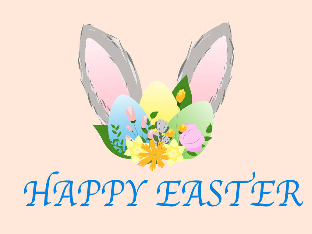 illustratie van cartoon konijnenoren en geschilderde eieren in de buurt van gelukkig Pasen belettering geïsoleerd op roze - Vector, afbeelding
