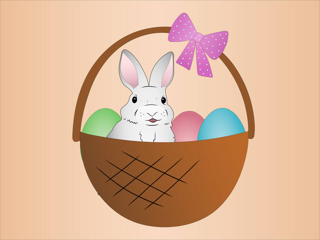 иллюстрация кролика в корзине с пасхальными яйцами на бежевом - Вектор,изображение