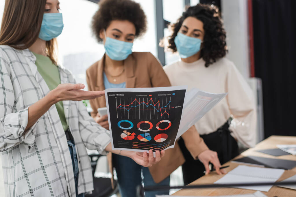 Femme d'affaires au masque médical pointant du doigt le papier avec des graphiques proches de collègues multiethniques flous au bureau  - Photo, image