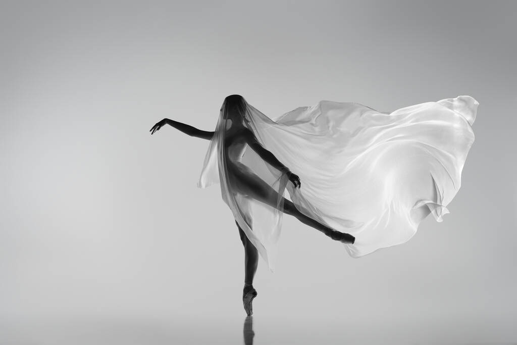 Schwarz-weißes Porträt einer anmutigen Ballerina, die mit Stoff tanzt, Stoff isoliert auf grauem Studiohintergrund. Anmut, Kunst, Schönheitskonzept. Schwerelos, flexibel. - Foto, Bild