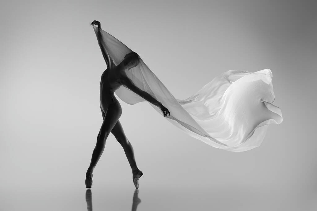 Μαύρο και άσπρο πορτρέτο από χαριτωμένη μπαλαρίνα που χορεύει με ύφασμα, ύφασμα που απομονώνεται σε γκρι φόντο στούντιο. Χάρη, τέχνη, έννοια της ομορφιάς. Άβαροι, ευέλικτοι. - Φωτογραφία, εικόνα