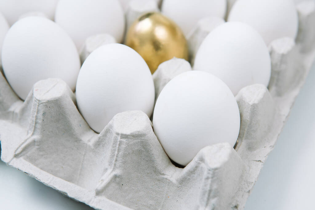 Λευκό ωμό αυγό κοτόπουλου και μόνο χρυσό αυγό σε ένα δίσκο πλευρά άποψη - Φωτογραφία, εικόνα