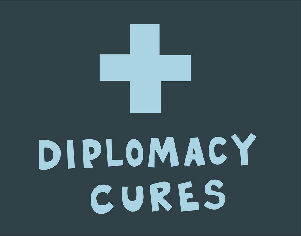 illustration of blue cross near diplomacy cures lettering on dark background  - Vector, Image