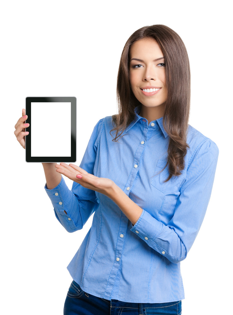 Businesswoman showing blank tablet pc, on white - Photo, Image