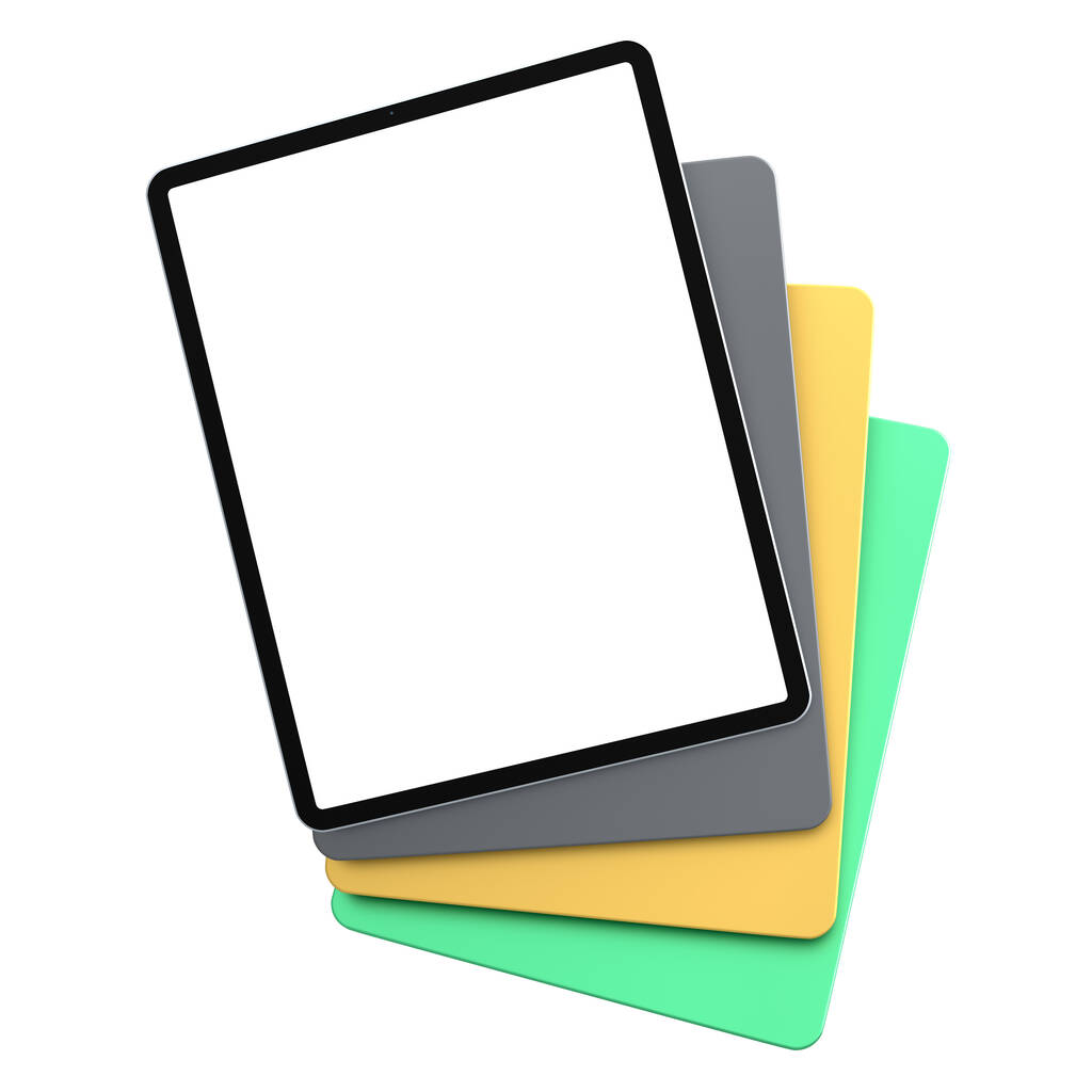 Set von Computer-Tablets mit Hülle und leerem Bildschirm isoliert auf weißem Hintergrund. 3D-Rendering-Konzept für kreative Designerausstattung und kompakten Arbeitsplatz - Foto, Bild
