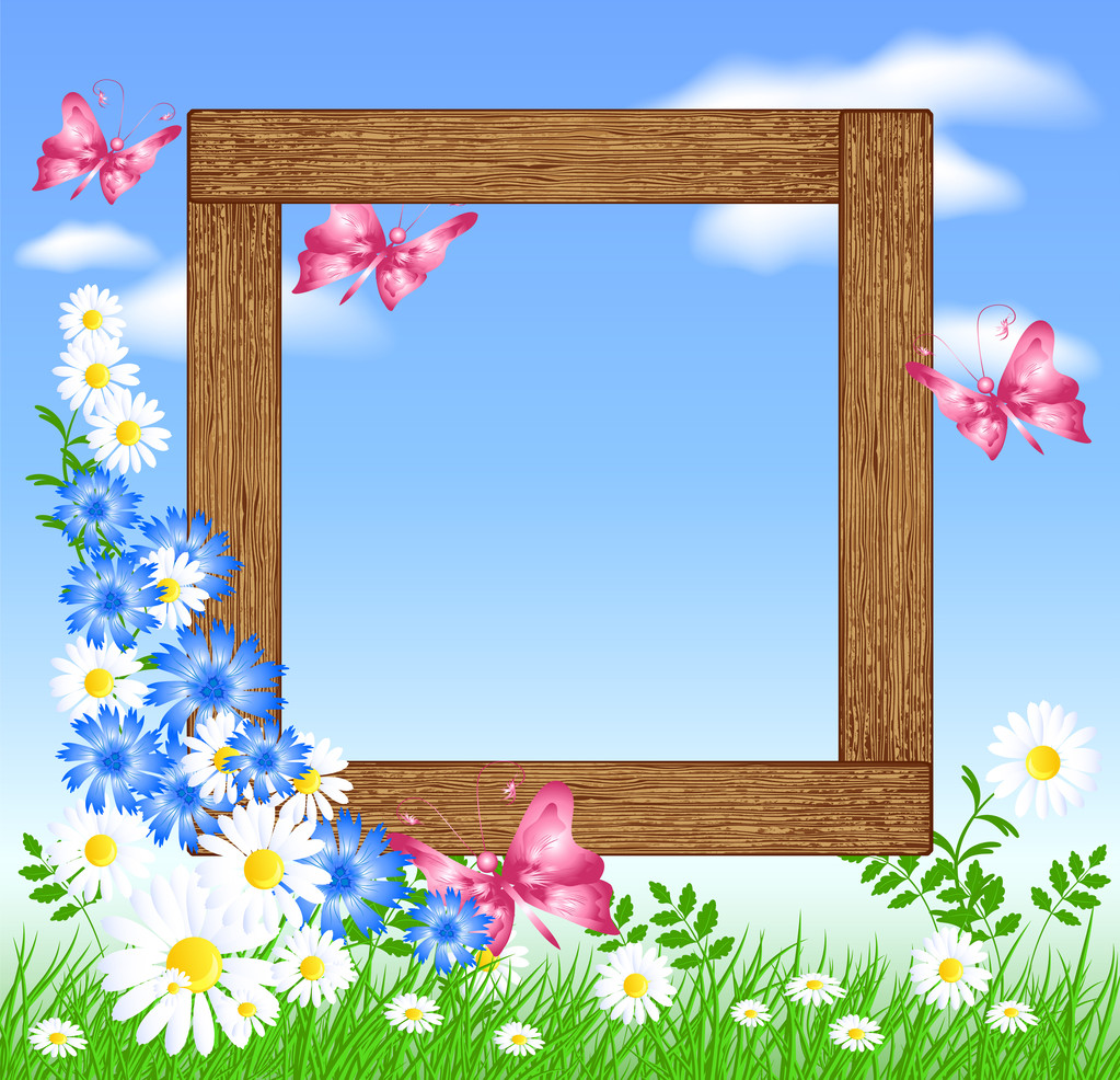 drewniane ramki z kwiatów i motyli - Wektor, obraz