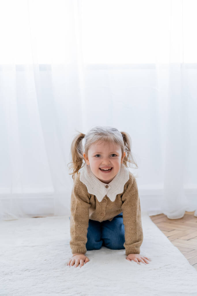veselá dívka s culíky plazí po podlaze doma a dívá se na kameru - Fotografie, Obrázek