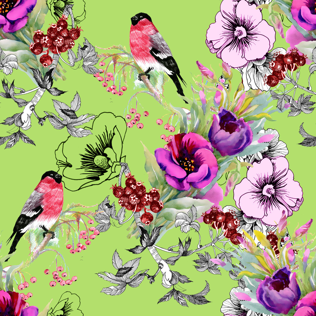 Eksoottisia lintuja kukkia oksa saumaton kuvio
 - Valokuva, kuva