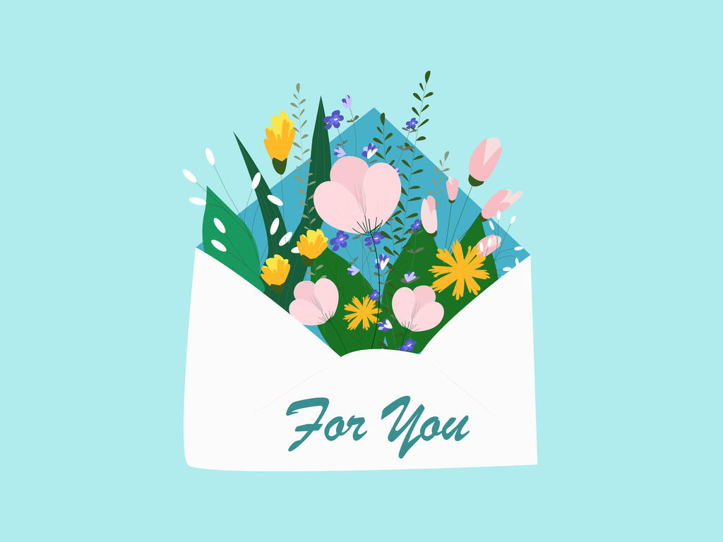 illustration of flowers inside envelope with for you lettering on blue background  - Vector, Image