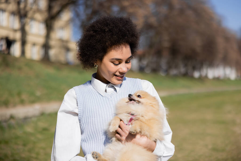 positive african american woman holding in arms pomeranian dog - Foto, Bild