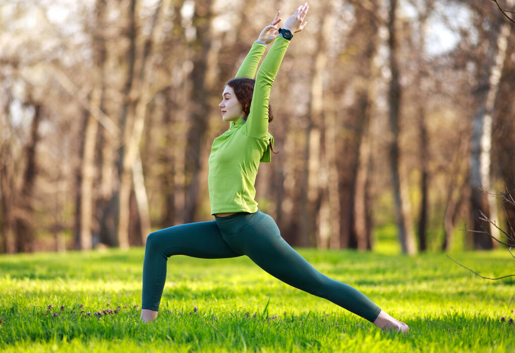 Giovane donna yogi in parco sull'erba verde facendo esercizi di fitness che allungano il corpo, stile di vita sano nella natura pura - Foto, immagini