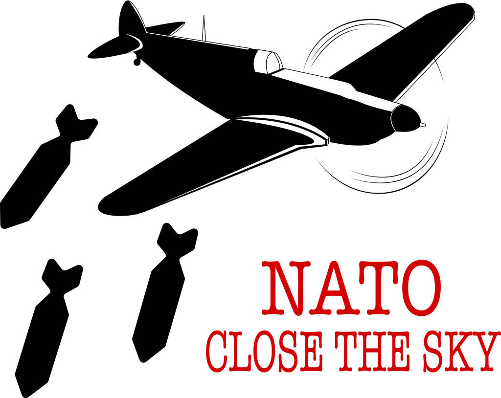 kuva pommeja putoamisen lentokoneesta lähellä Nato sulkea taivaan kirjoitus  - Vektori, kuva