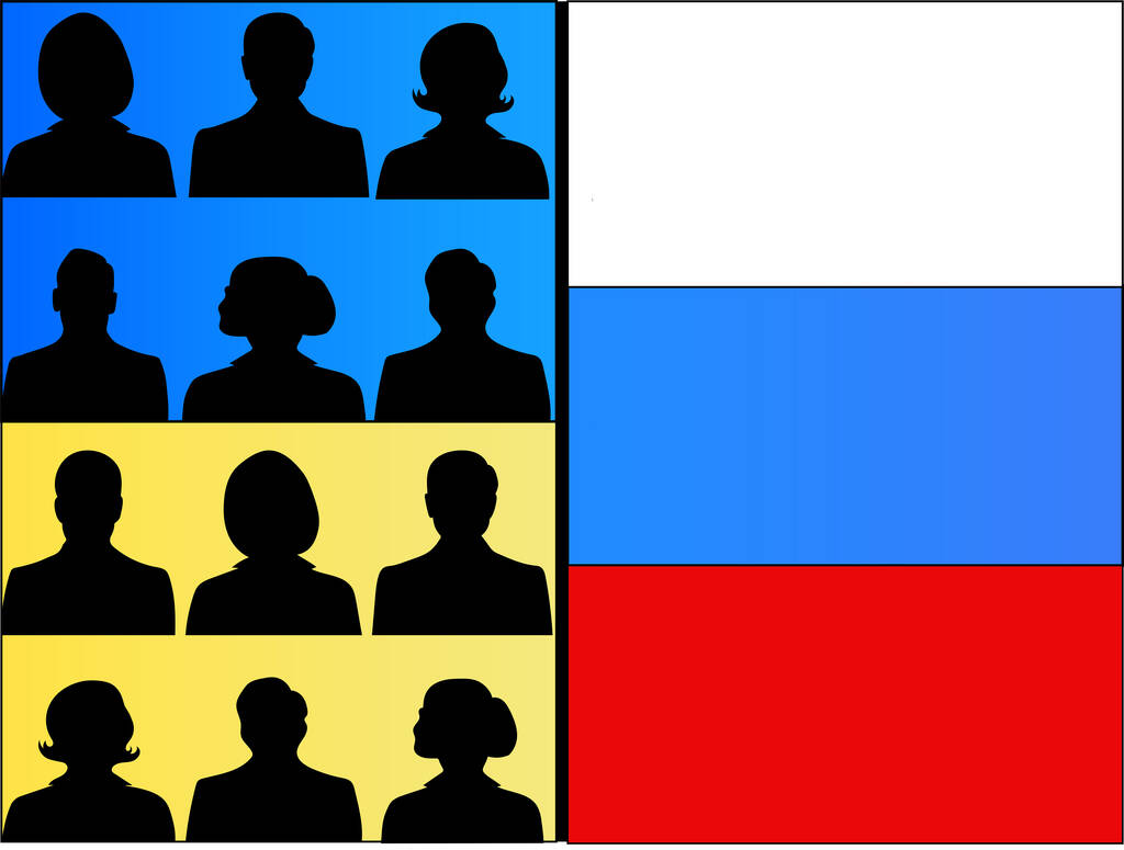 Abbildung von Menschen gegen ukrainische und russische Flaggen, Verhandlungskonzept  - Vektor, Bild
