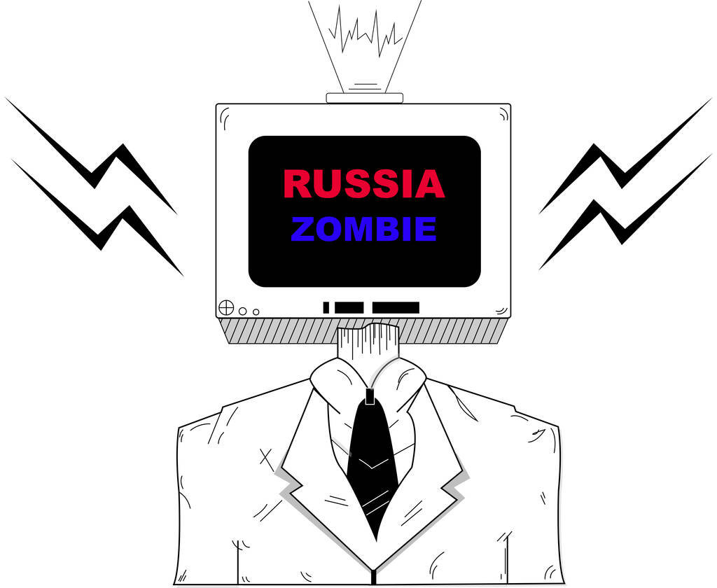 иллюстрация экрана телевизора вместо головы с надписью "Россия зомби"  - Вектор,изображение