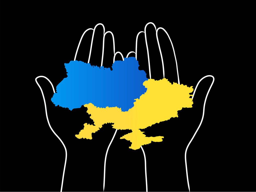 ilustración del territorio ucraniano en las manos sobre negro - Vector, imagen