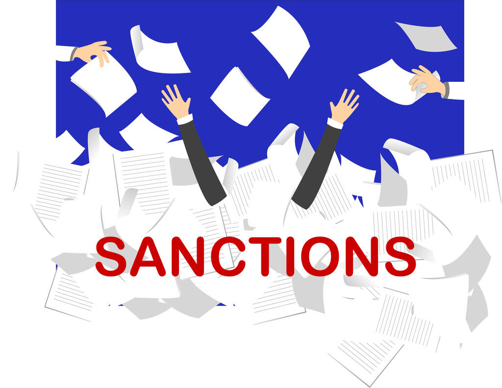 illustration of person sinking into papers near sanctions lettering  - Vector, Image