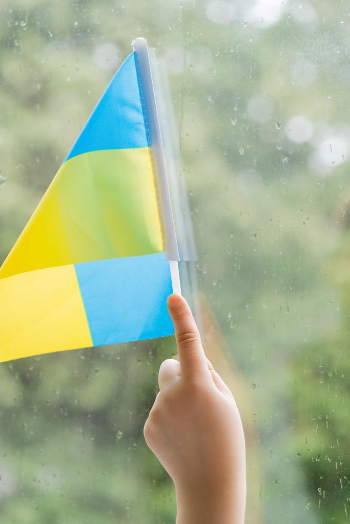 vista parcial de la mano del niño con pequeña bandera ucraniana cerca del cristal de la ventana con gotas de lluvia - Foto, imagen