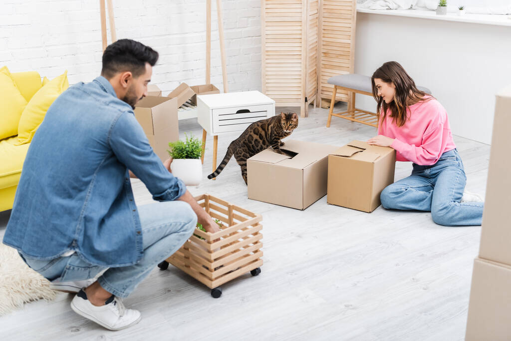 Vista lateral de pareja multiétnica mirando a gato de bengala cerca de cajas de cartón en casa  - Foto, imagen