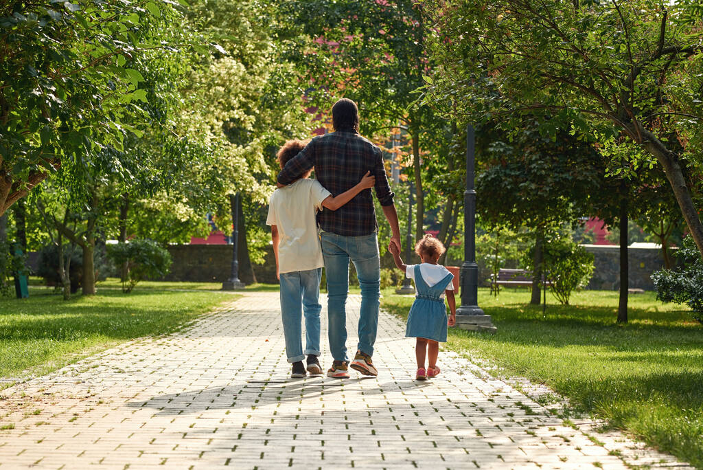 Черная семья прогуливается по тротуару в солнечном парке - Фото, изображение