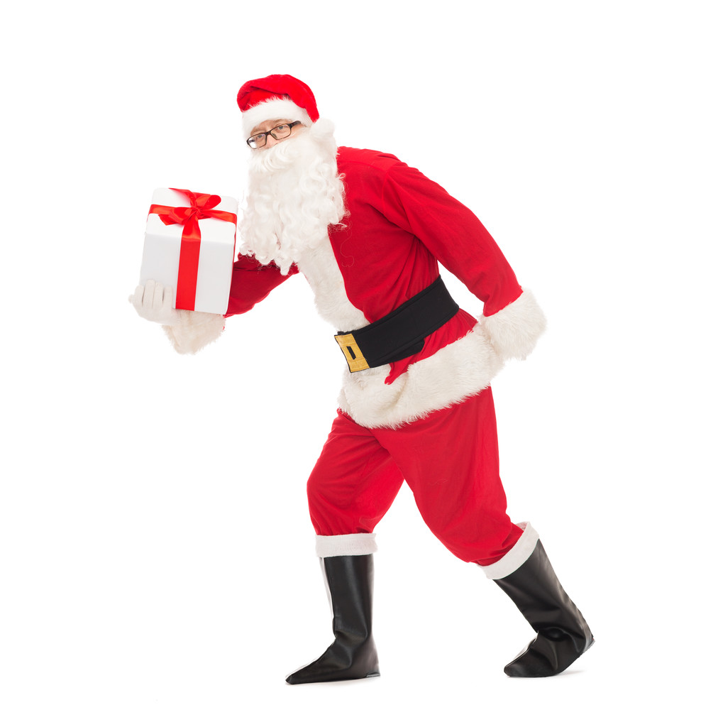 людина в костюмі Санта Клауса з подарунковою коробкою
 - Фото, зображення