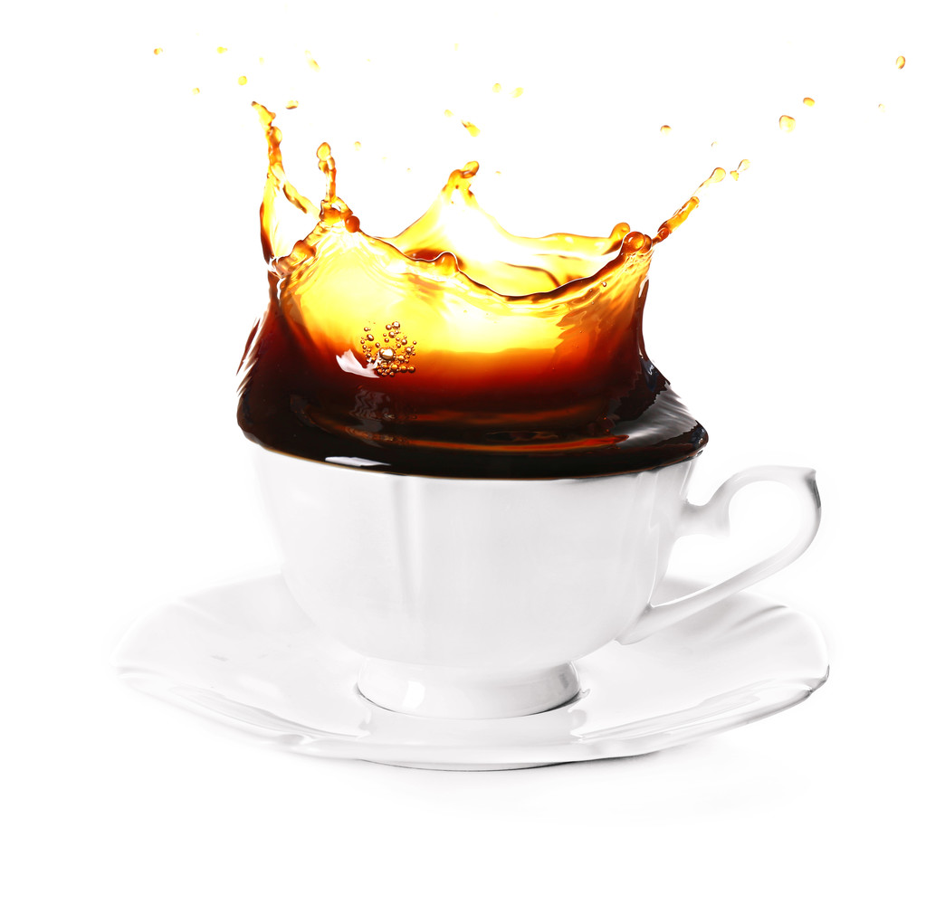 Cup of coffee with splashes, isolated on white - Photo, Image