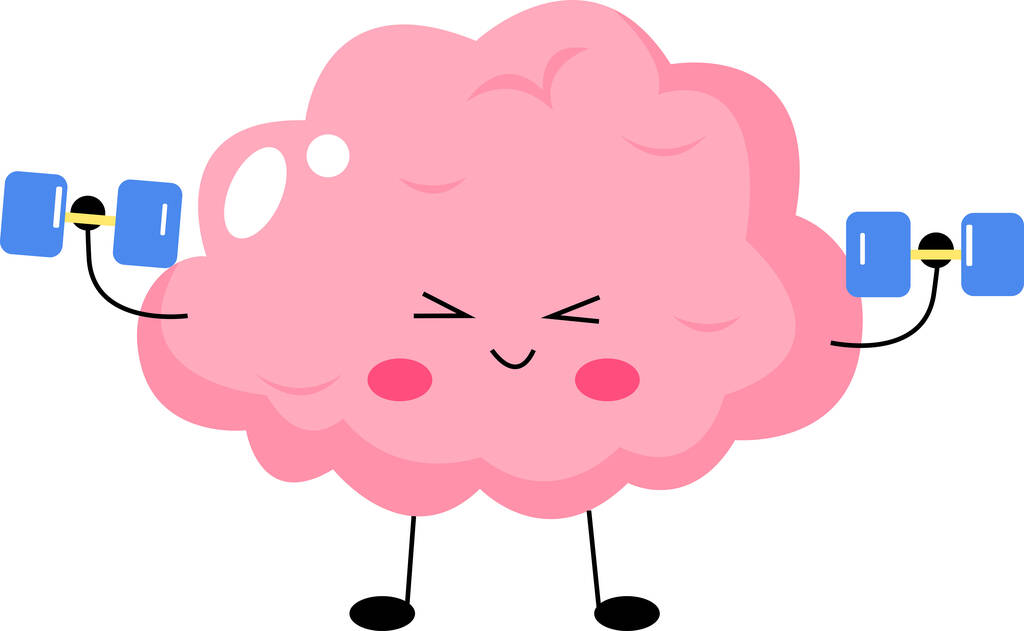 illustration of pink cartoon brain exercising with dumbbells  - ベクター画像