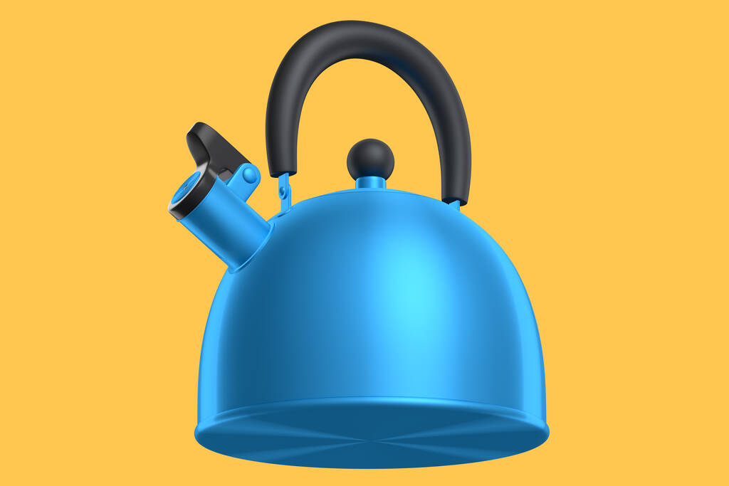 Stainless steel stovetop kettle with whistle isolated on orange background. 3d render of home kitchen tools and utensil like teapot - 写真・画像