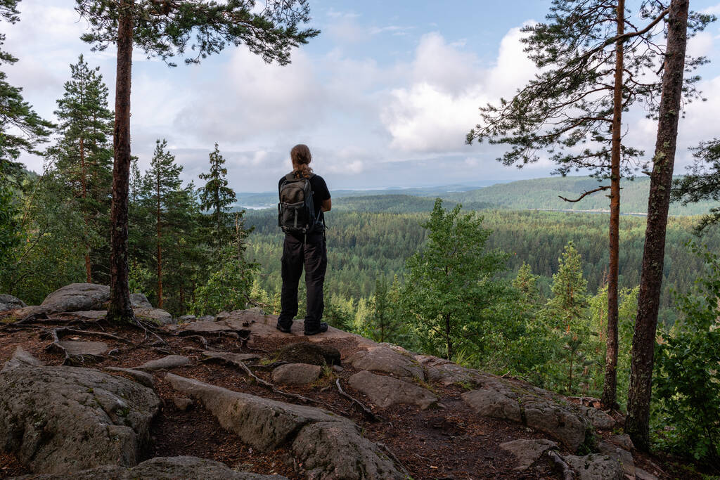 Man with backpack looking at scenic landscape from viewpoint in Finland - Photo, Image