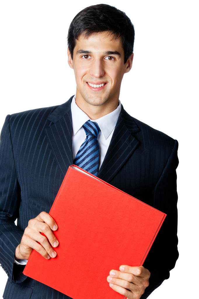 Homme d'affaires souriant avec dossier rouge, isolé sur blanc
 - Photo, image
