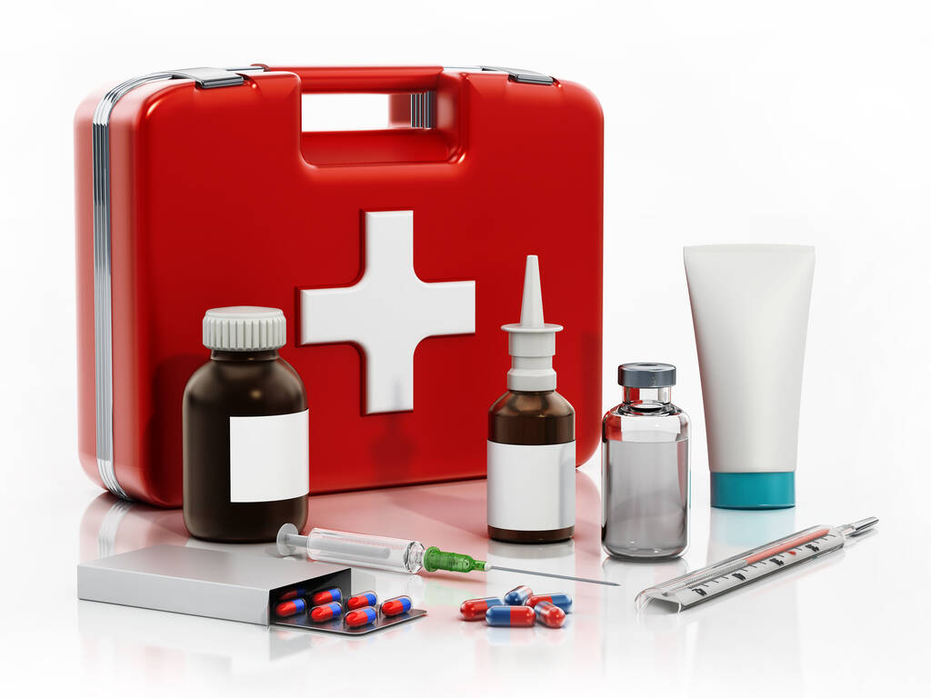 Zestaw pierwszej pomocy, narzędzia medyczne i leki izolowane na białym tle. 3D ilustracja. - Zdjęcie, obraz