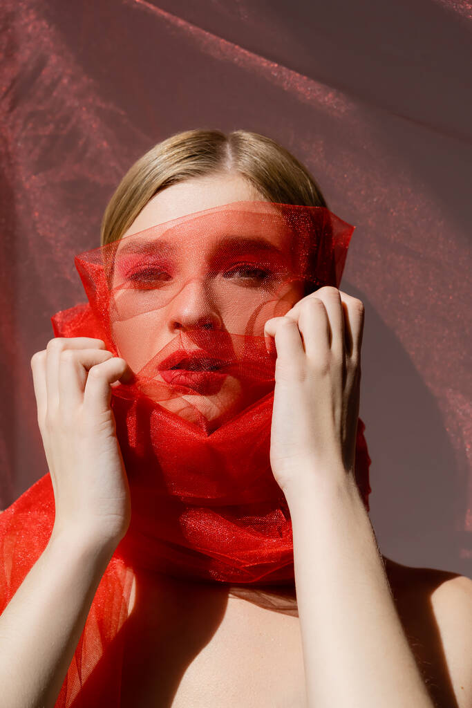 Молода модель з червоними губами торкається тюлевої тканини на сірому фоні
  - Фото, зображення
