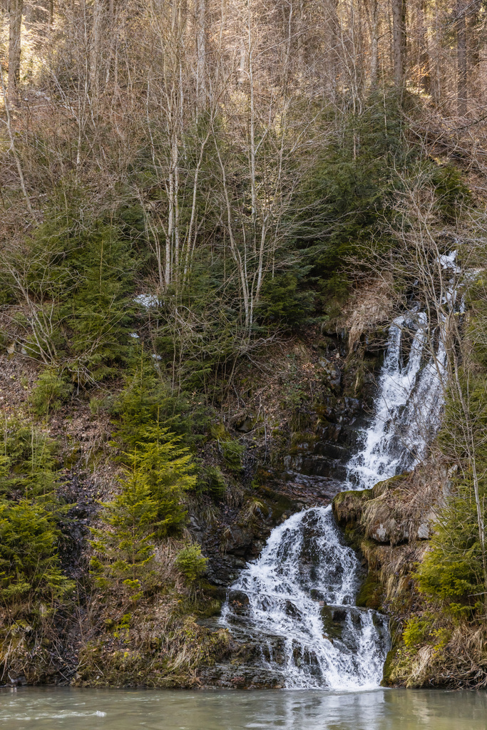 Fluss des Gebirgsflusses auf Hügel in der Nähe von Bäumen  - Foto, Bild