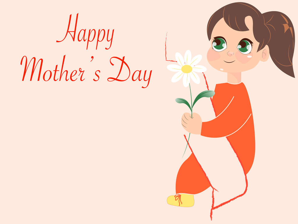 illustration of smiling girl holding flowers near happy mothers day lettering on pink - Вектор,изображение