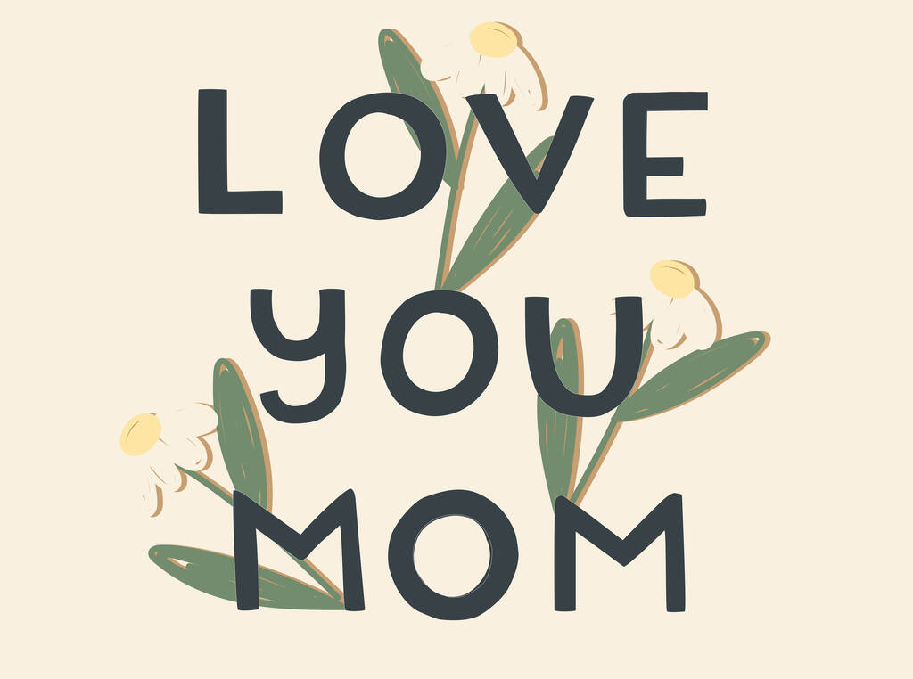 Illustration von Love you mom Schriftzug vor floralem Hintergrund  - Vektor, Bild