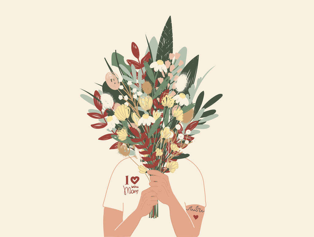 illustration of person in i love you mom t-shirt holding bouquet of flowers - ベクター画像