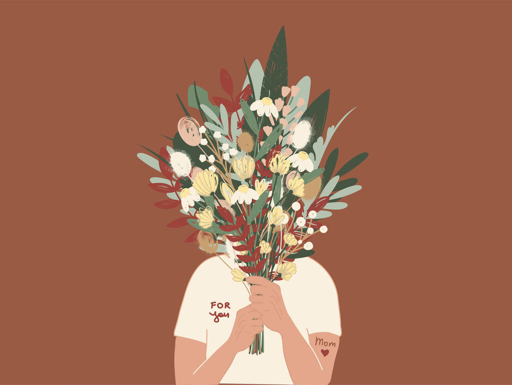 illustrazione di persona in t-shirt con per Lei lettering che tiene il mazzo di fiori - Vettoriali, immagini