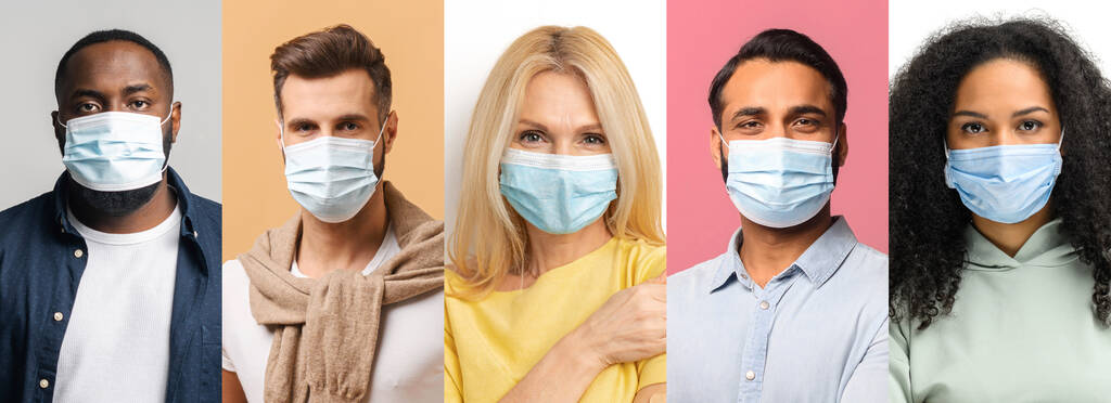 Collage di diverse persone multirazziali di età irregolare in tutto il mondo che indossano maschere mediche - Foto, immagini
