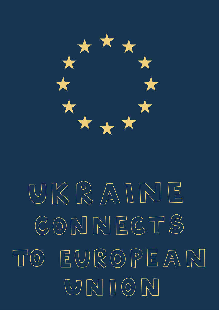 illustration of stars near ukraine connects to european union lettering on blue - Vector, imagen