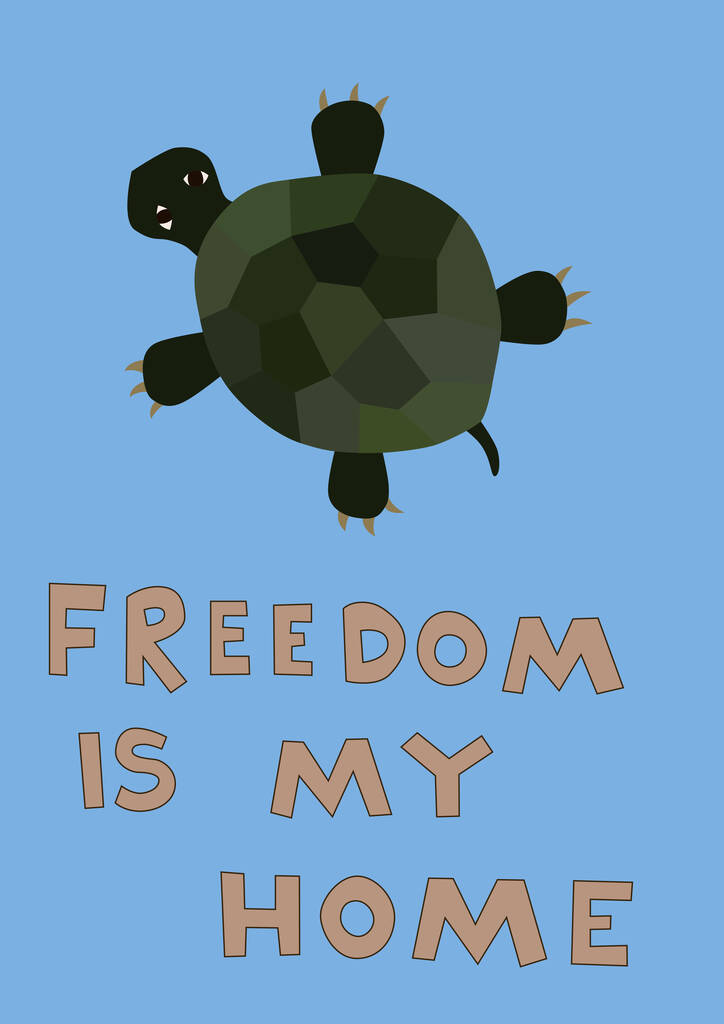 illustration of turtle near freedom is my home lettering on blue - Vector, Imagen
