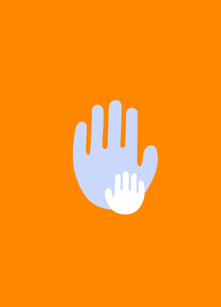 απεικόνιση αφηρημένων εκτυπώσεων χεριών ενηλίκων και παιδιών σε πορτοκαλί, έννοια ημέρα προστασίας των παιδιών - Διάνυσμα, εικόνα