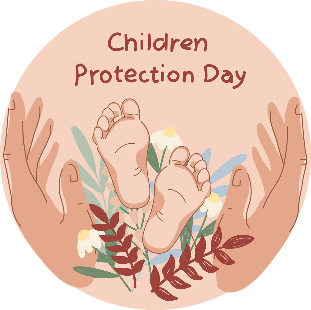 Ilustracja stóp dziecka w rękach matek w pobliżu kwiatów i ochrony dzieci dzień liternictwo - Wektor, obraz