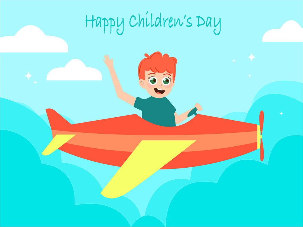απεικόνιση του ευτυχισμένου αγοριού στο αεροπλάνο κοντά στα σύννεφα και ευτυχισμένη ημέρα των παιδιών γράμματα  - Διάνυσμα, εικόνα