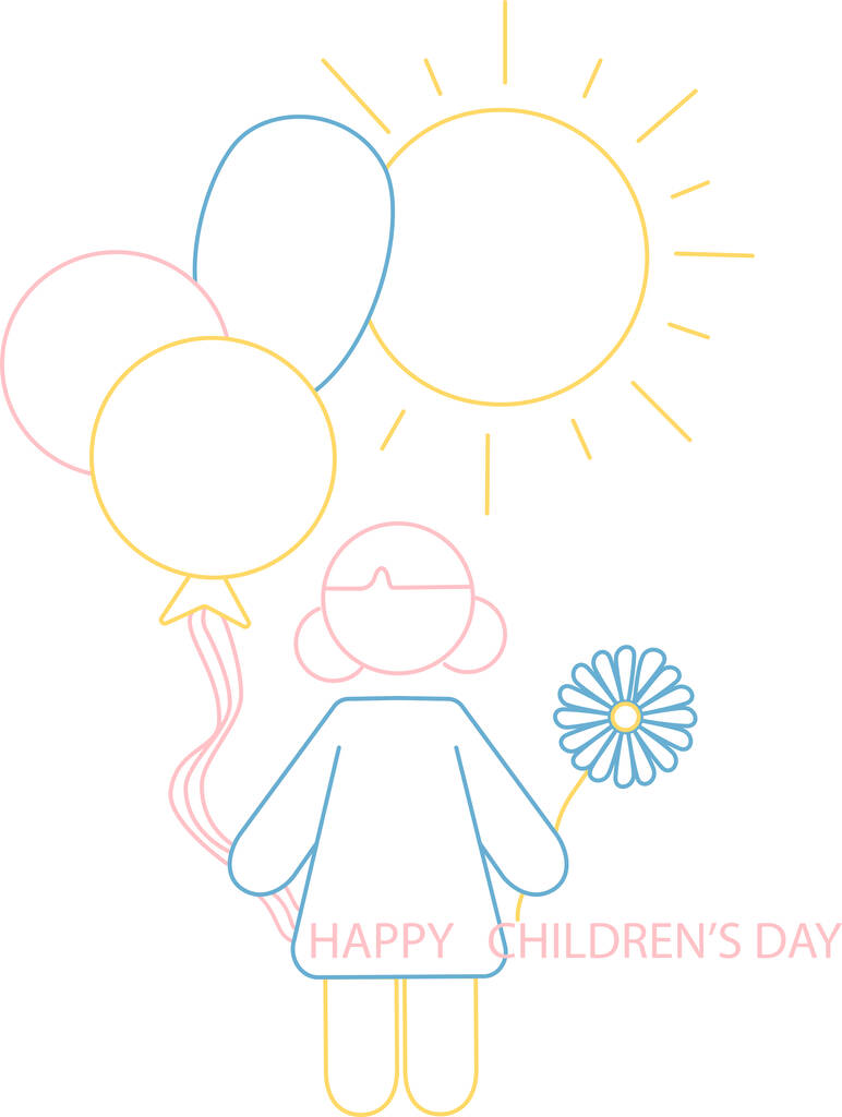 Çizgi filmdeki kızın elinde çiçek ve balonlarla mutlu çocuk gününün yakınındaki beyaz harflerin olduğu bir resim. - Vektör, Görsel