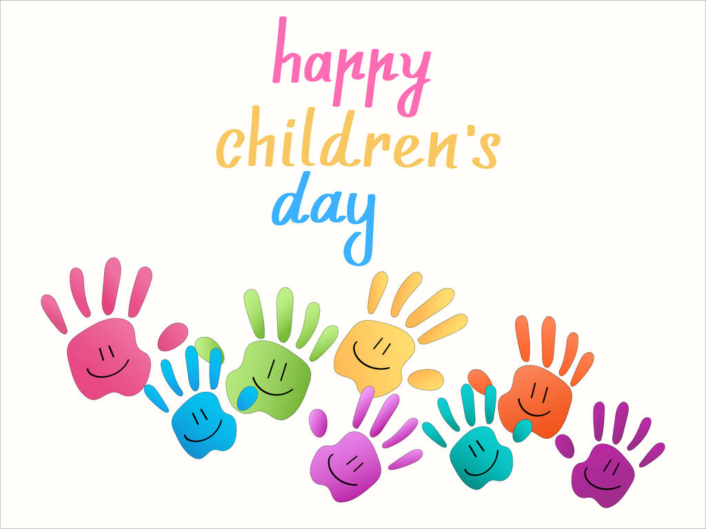 illustration of colorful hand palms near happy childrens day lettering on white - Вектор,изображение