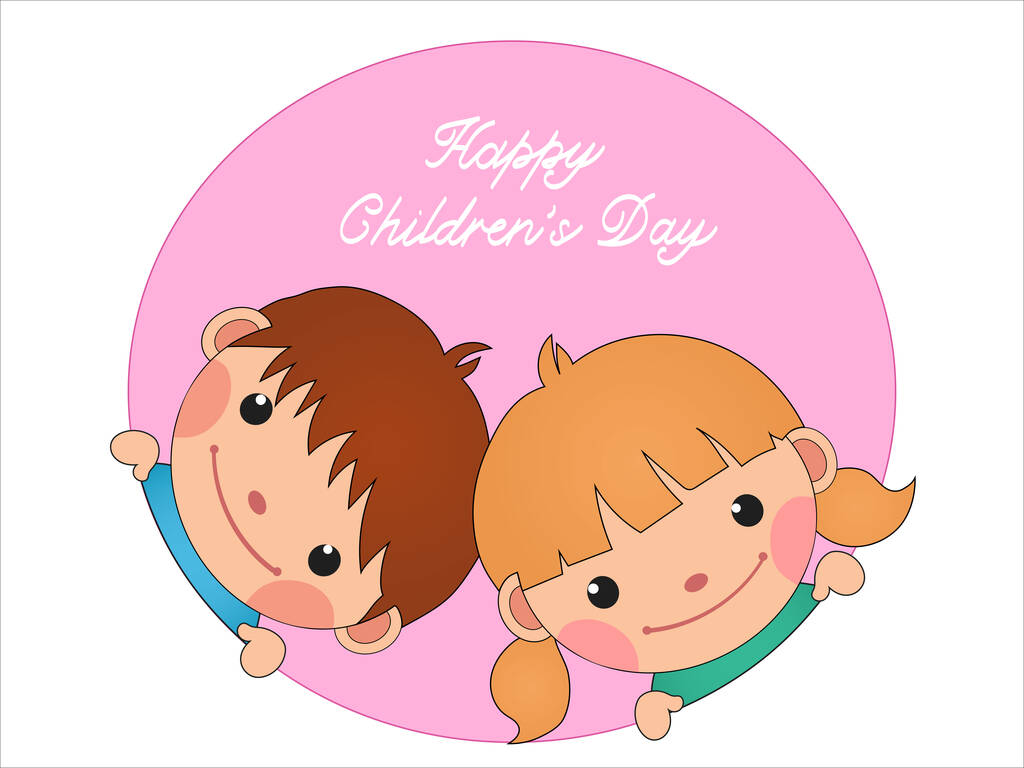 Gülümseyen erkek ve kızın mutlu çocuk günü resmedilmiş pembe harflerle. - Vektör, Görsel
