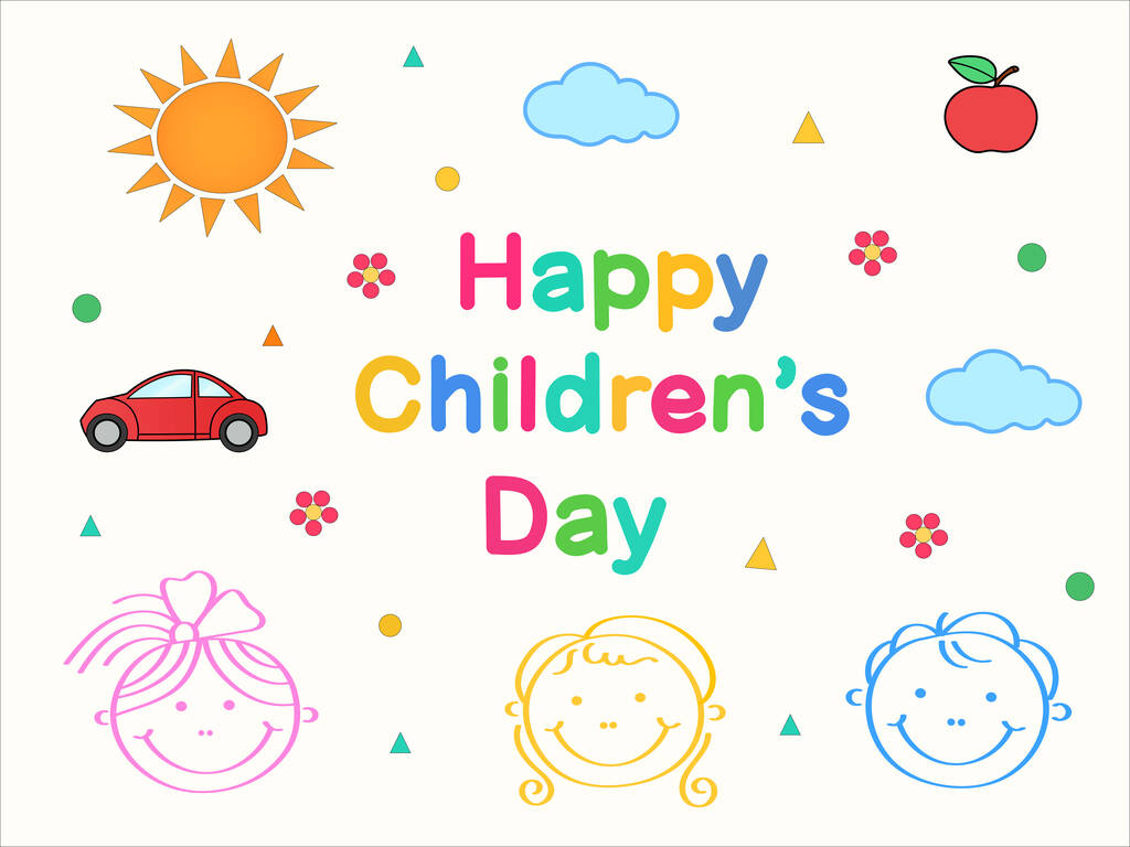 illustration of smiling kids near happy childrens day lettering on white - Wektor, obraz
