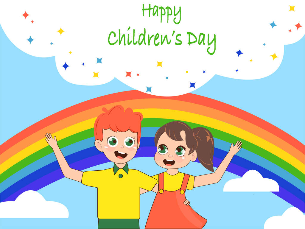 Illustration von glücklichen Jungen und Mädchen in der Nähe von Regenbogen und glücklichen Kindertag Schriftzug  - Vektor, Bild