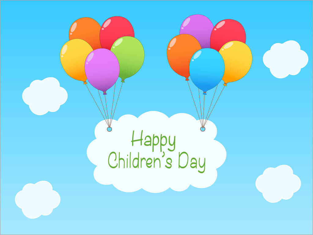 иллюстрация воздушных шаров и облака со счастливым детским днем с надписью на синем - Вектор,изображение